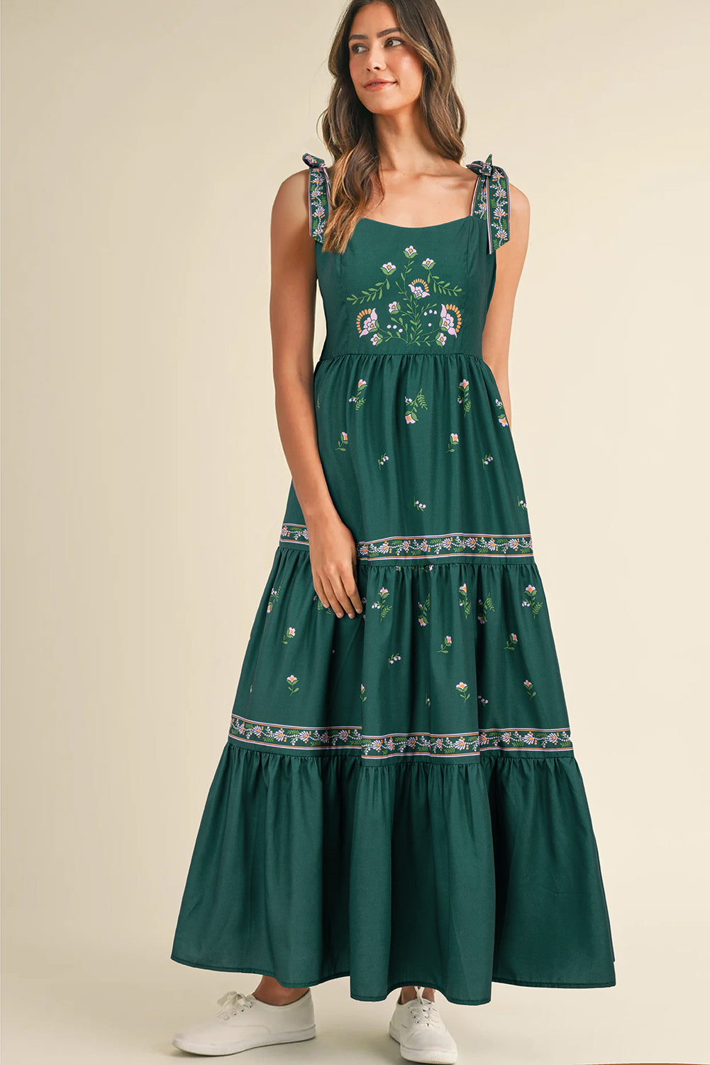 Blackish Green Floral Smocked Back Tied Straps Tiered Maxi Dress Dresses/Floral Dresses