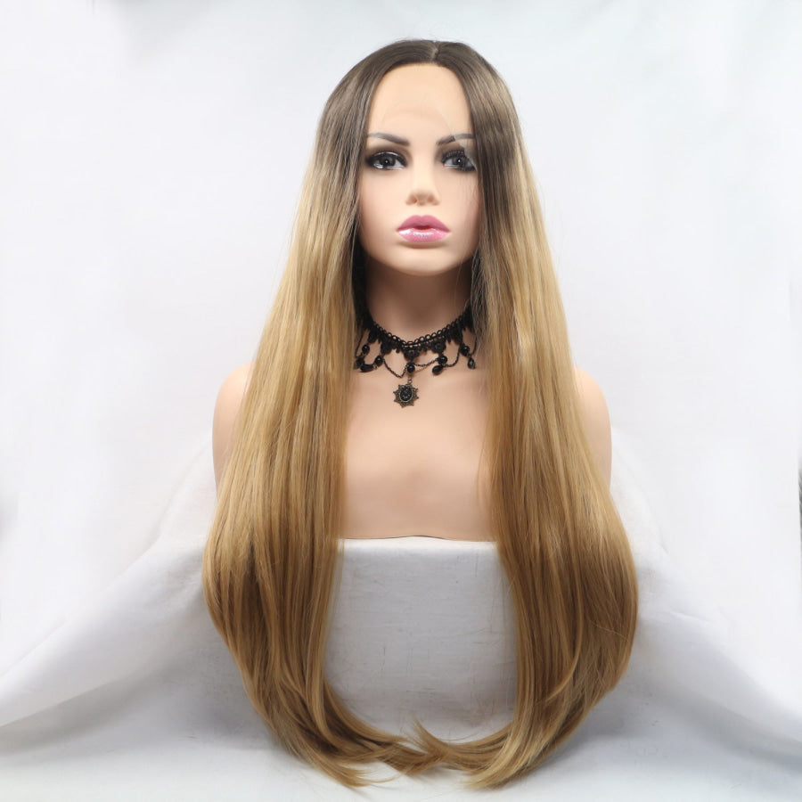 13*3’ Lace Front Wigs Synthetic Long Straight 24’ 130% Density Brown/Khaki / One Size Apparel and Accessories