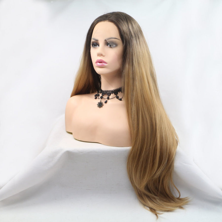 13*3’ Lace Front Wigs Synthetic Long Straight 24’ 130% Density Brown/Khaki / One Size Apparel and Accessories