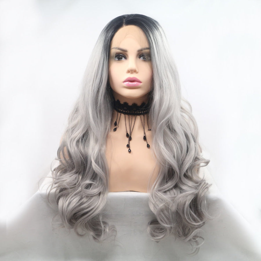 13*3’ Lace Front Wigs Synthetic Long Wavy 24’ 130% Density Black/Grey / One Size Apparel and Accessories