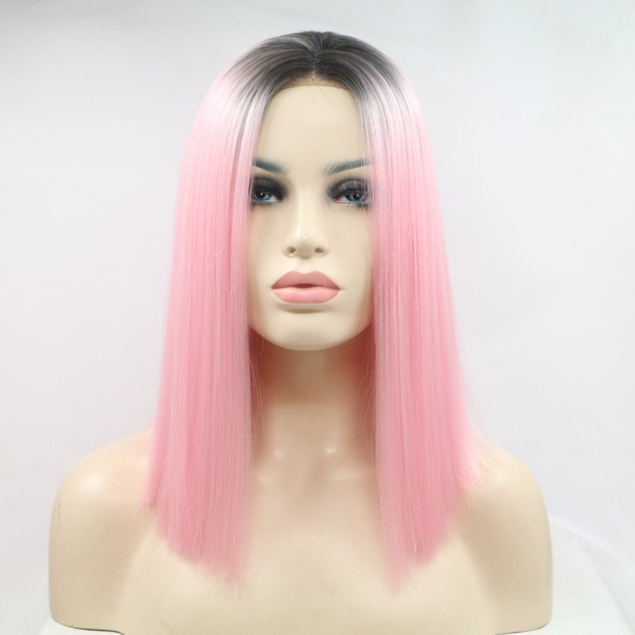 13*3’ Lace Front Wigs Synthetic Mid - length Straight 12’ 130% Density Black/Pink / One Size Apparel and Accessories