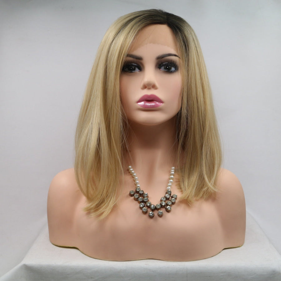 13*3’ Lace Front Wigs Synthetic Mid - length Straight 12’ 130% Density Brown/Khaki / One Size Apparel and Accessories