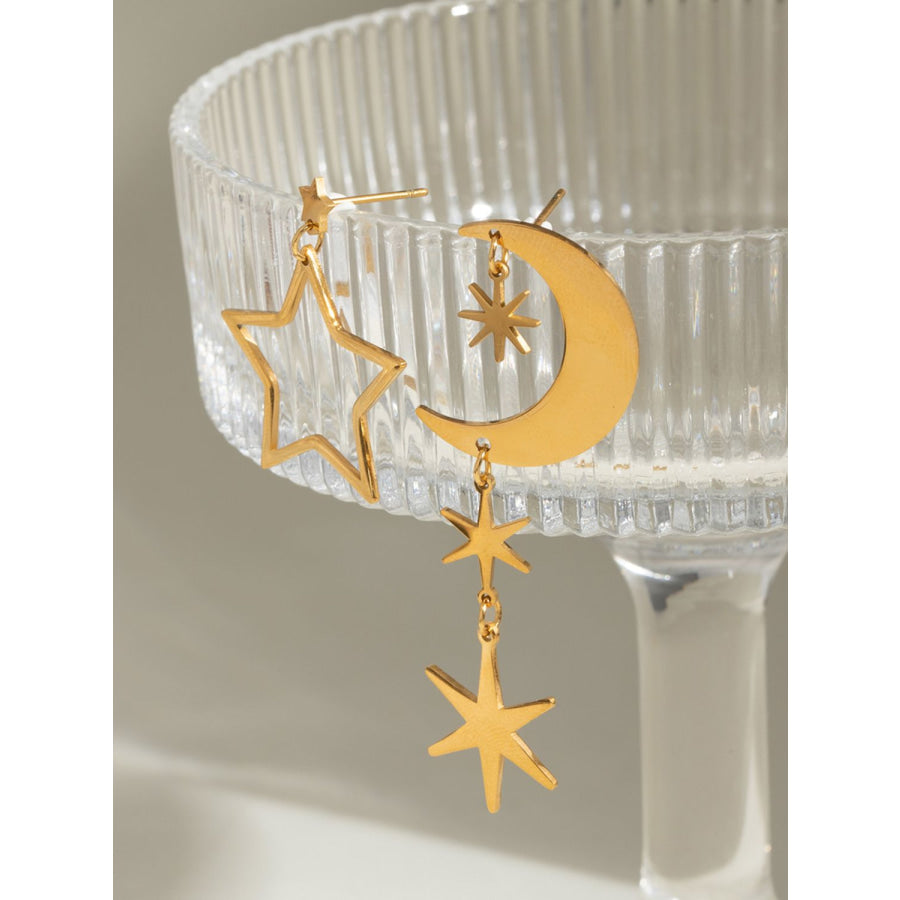 18K Gold-Plated Moon & Star Dangle Earrings Gold / One Size Apparel and Accessories