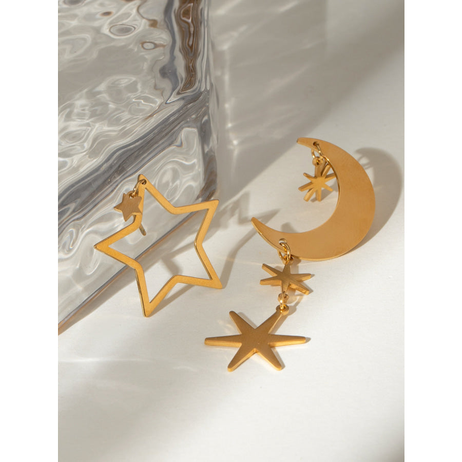 18K Gold-Plated Moon & Star Dangle Earrings Gold / One Size Apparel and Accessories