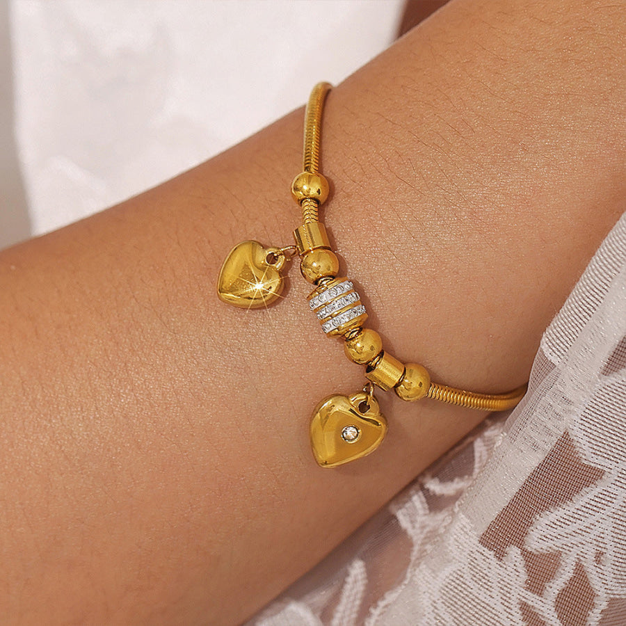18K Gold-Plated Rhinestone Heart Charm Bracelet Gold / One Size Apparel and Accessories