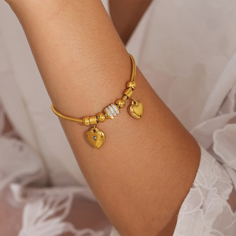 18K Gold-Plated Rhinestone Heart Charm Bracelet Gold / One Size Apparel and Accessories