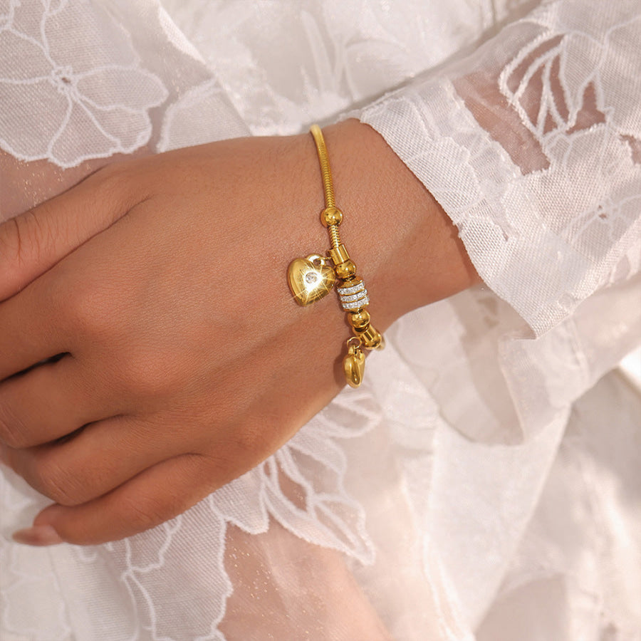 18K Gold-Plated Rhinestone Heart Charm Bracelet Gold / One Size Apparel and Accessories