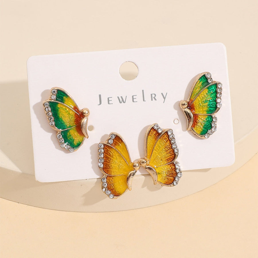 2 Piece Rhinestone Alloy Butterfly Stud Earrings Multicolor / One Size Apparel and Accessories