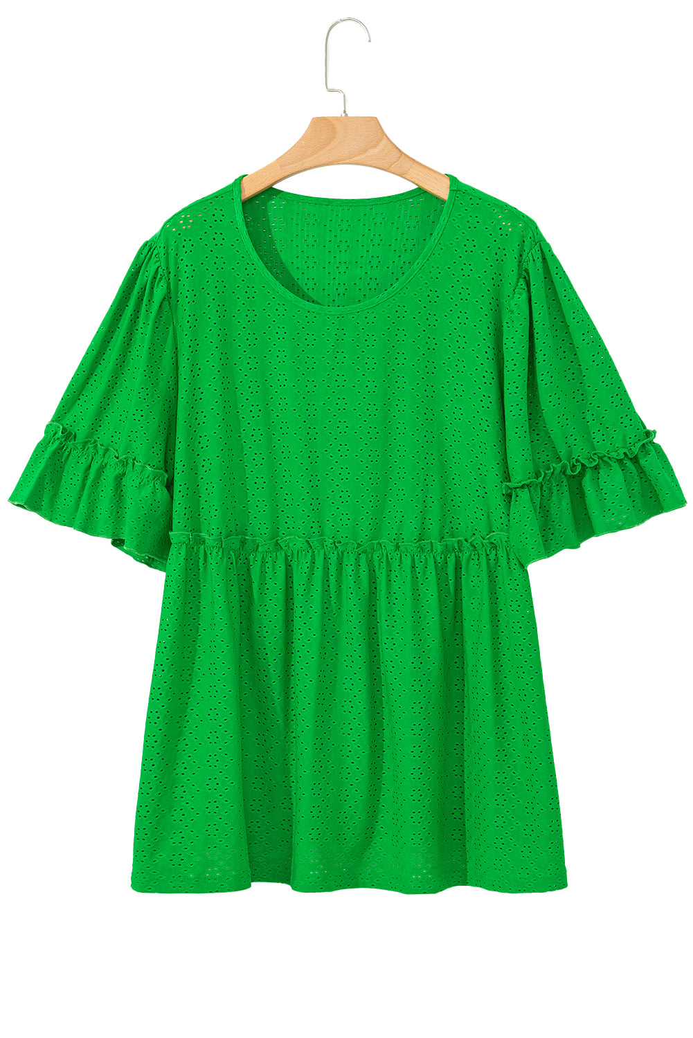 Green Textured Frilled Short Sleeve Plus Size Babydoll Blouse Plus Size/Plus Size Tops/Plus Size Blouses & Shirts