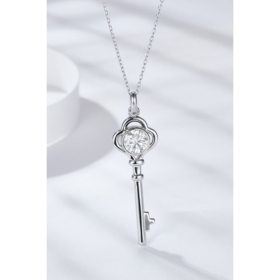 925 Sterling Silver 1 Carat Moissanite Key Pendant Necklace Silver / One Size