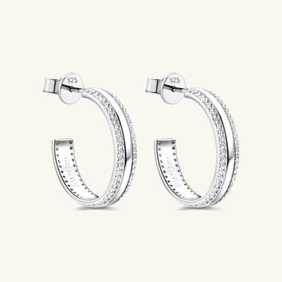 925 Sterling Silver Inlaid Moissanite C - Hoop Earrings / One Size Apparel and Accessories
