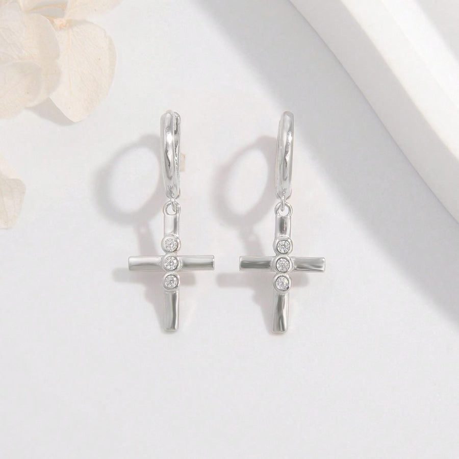 925 Sterling Silver Zircon Cross Earrings Silver / One Size Apparel and Accessories
