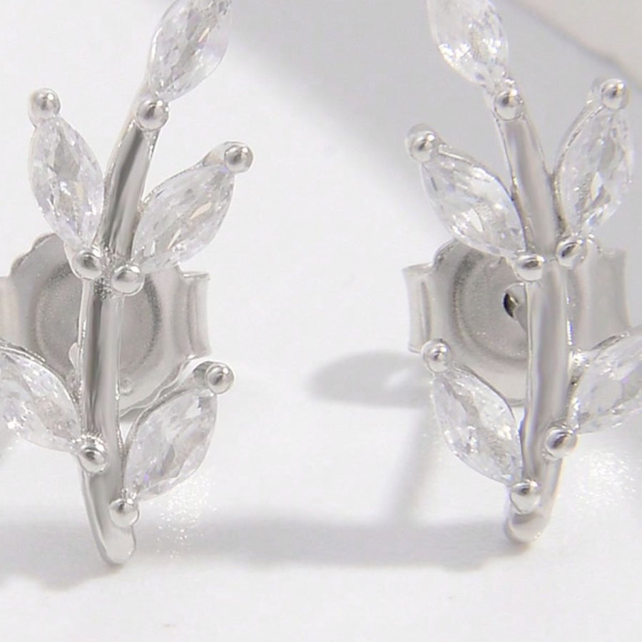 925 Sterling Silver Zircon Leaf Shape Earrings Silver / One Size Apparel and Accessories