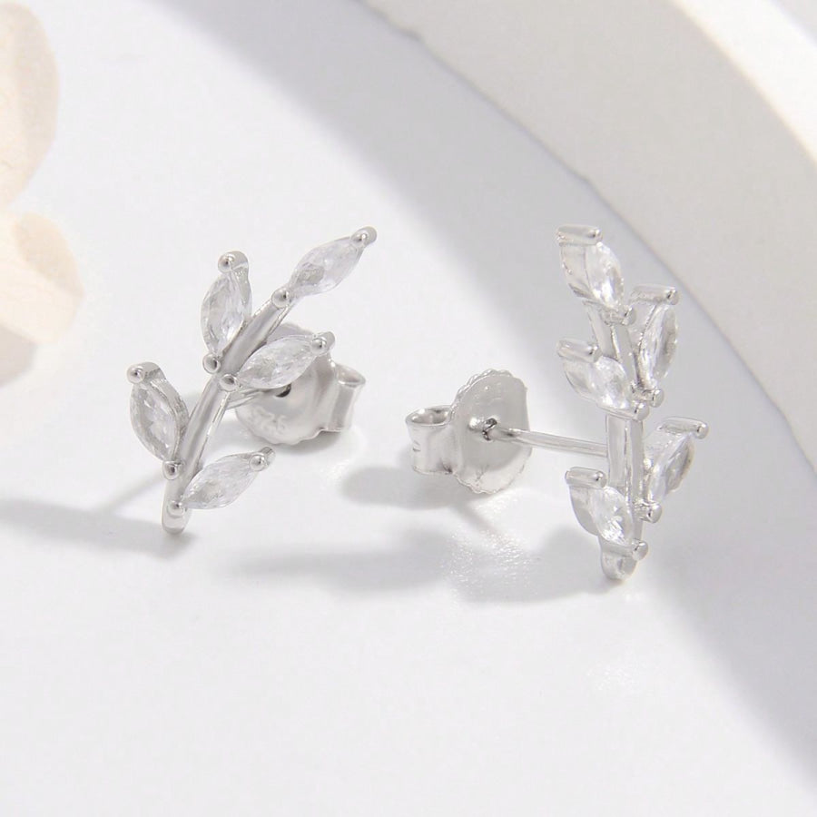 925 Sterling Silver Zircon Leaf Shape Earrings Silver / One Size Apparel and Accessories
