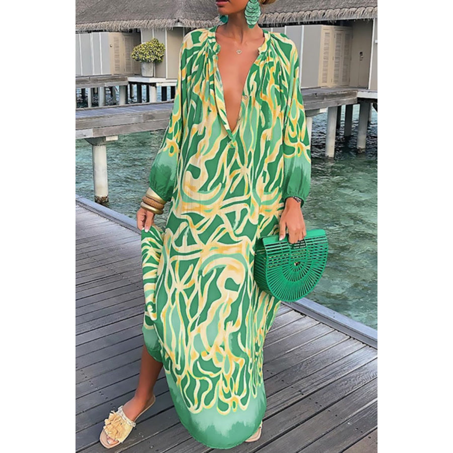 Abstract Print Buttoned Balloon Sleeve Dress Mid Green / S