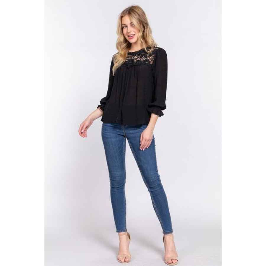 ACTIVE BASIC Crochet Lace Panel Flounce Sleeve Blouse Apparel and Accessories