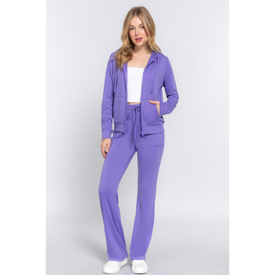 ACTIVE BASIC French Terry Zip Up Hoodie and Drawstring Pants Set Purple / S Apparel and Accessories