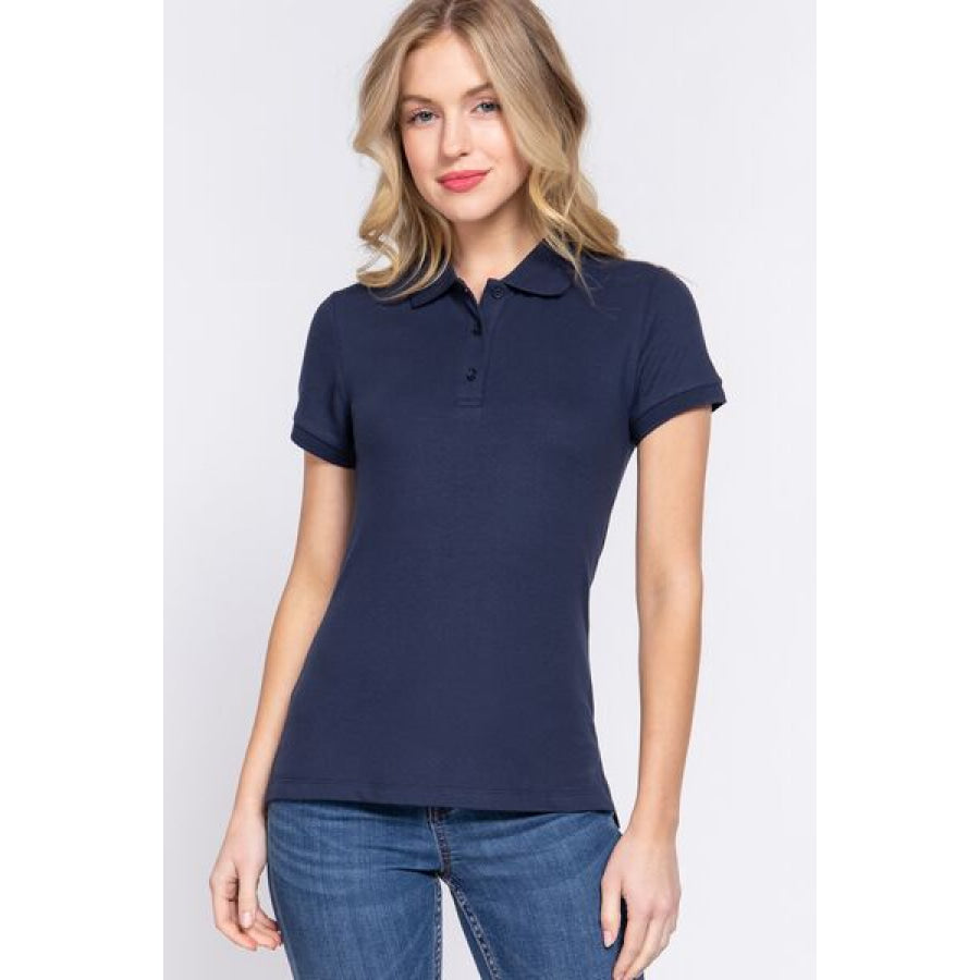 ACTIVE BASIC Full Size Classic Short Sleeve Polo Top NAVY / S Apparel and Accessories