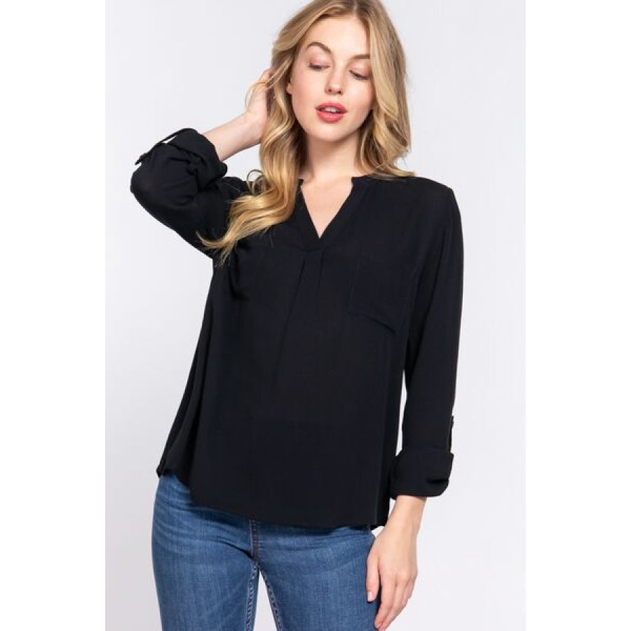 ACTIVE BASIC Full Size Notched Long Sleeve Woven Top Black / S Apparel and Accessories