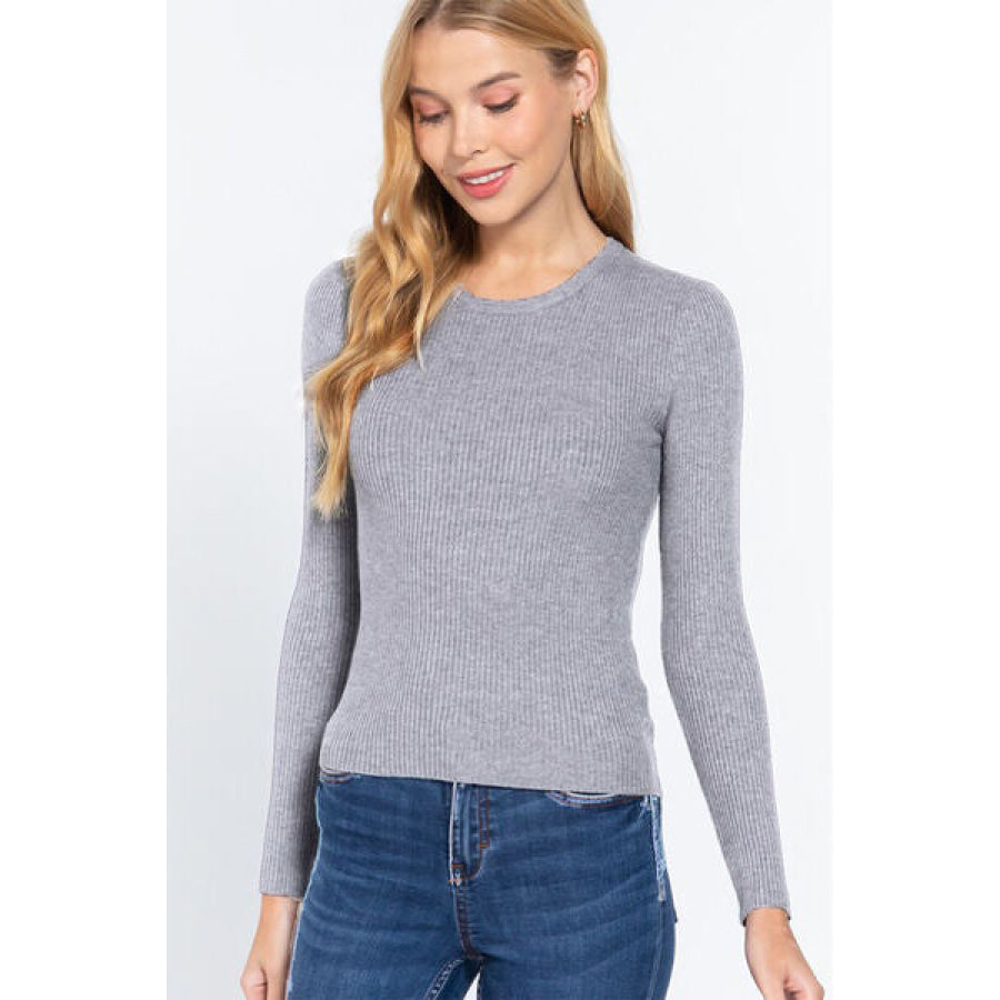 ACTIVE BASIC Full Size Ribbed Round Neck Long Sleeve Knit Top GREY / S Apparel and Accessories