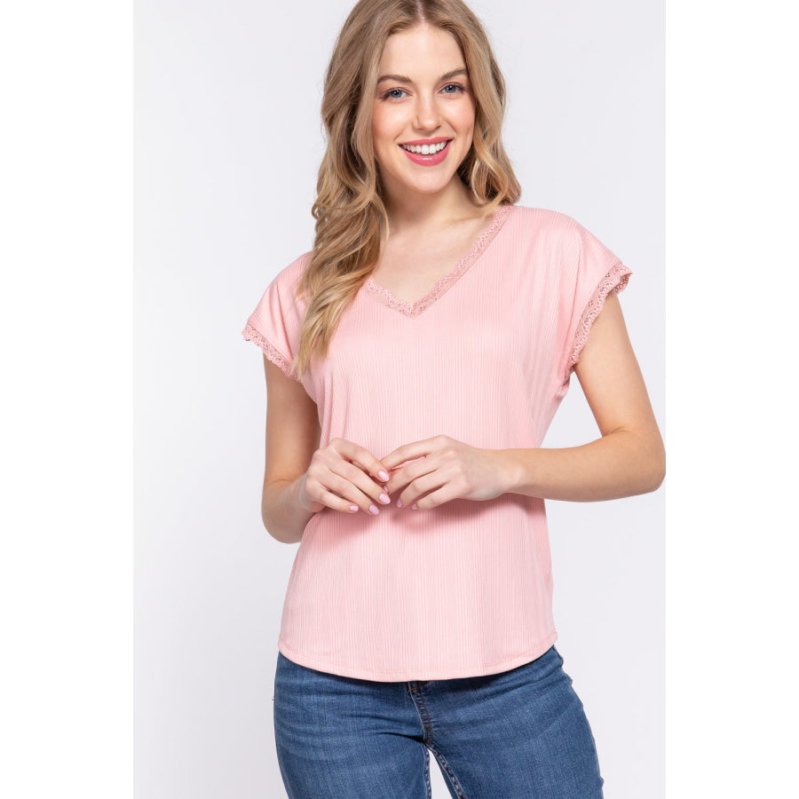 ACTIVE BASIC Lace Trim V-Neck Short Sleeve Ribbed Top PINK / S Apparel and Accessories