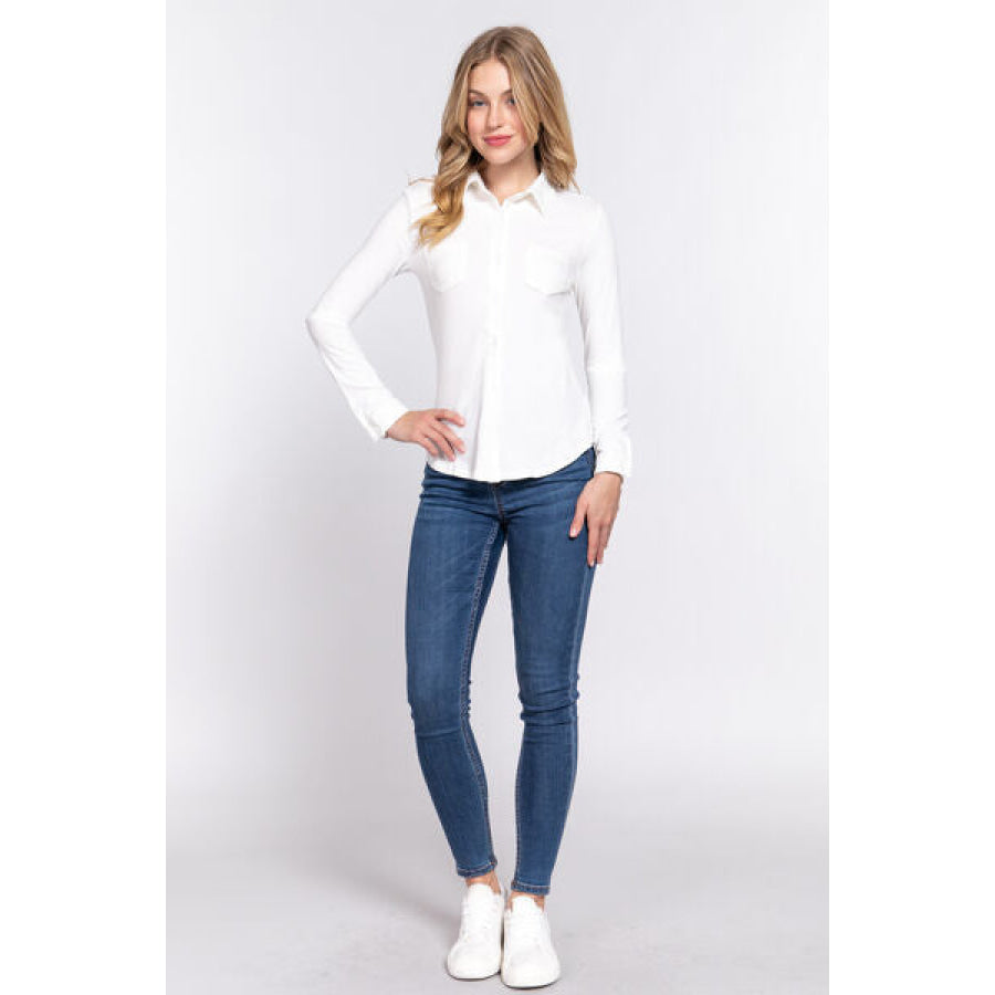 ACTIVE BASIC Long Sleeve Front Pocket DTY Brushed Shirt Apparel and Accessories