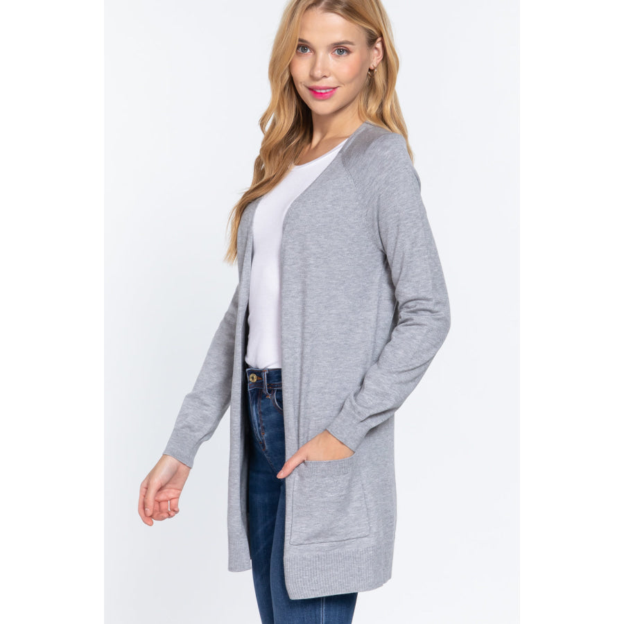 ACTIVE BASIC Open Front Long Sleeve Cardigan Heather Gray / S Apparel and Accessories