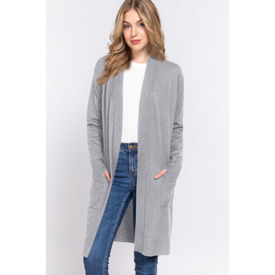 ACTIVE BASIC Open Front Rib Trim Long Sleeve Knit Cardigan HGREY / S Apparel and Accessories