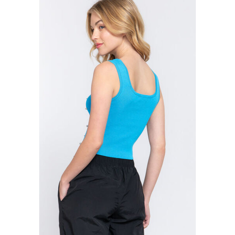 ACTIVE BASIC Pearl Detail Square Neck Cropped Tank Aquablue / S Apparel and Accessories