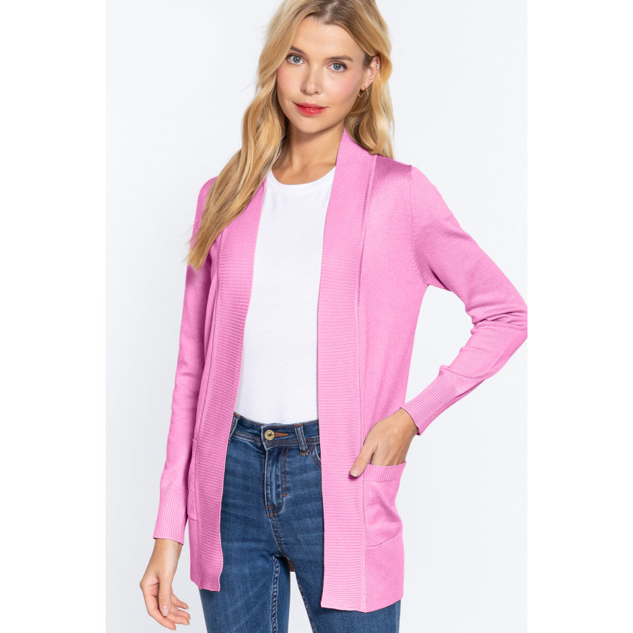 ACTIVE BASIC Ribbed Trim Open Front Cardigan PINK / S Apparel and Accessories