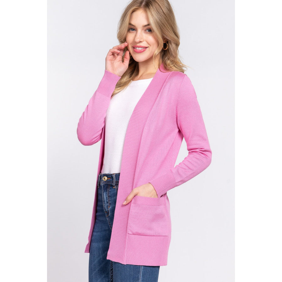 ACTIVE BASIC Ribbed Trim Open Front Cardigan PINK / S Apparel and Accessories