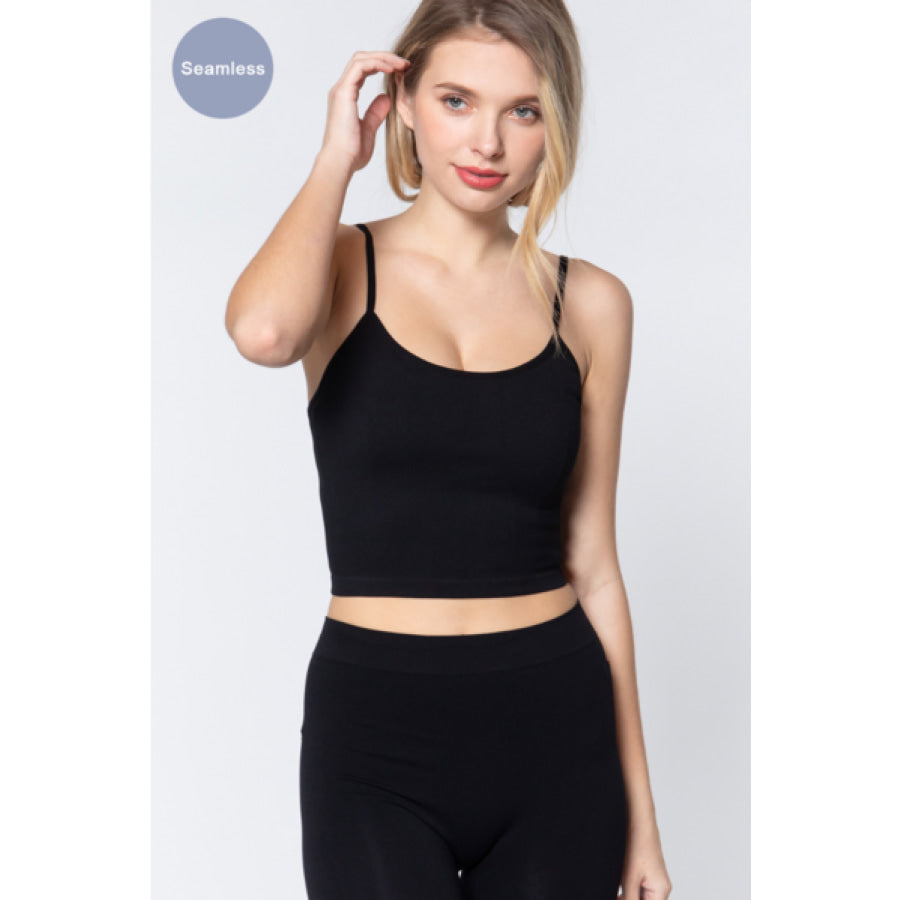 ACTIVE BASIC Round Neck Crop Rib Seamless Cami Black / S/M Apparel and Accessories