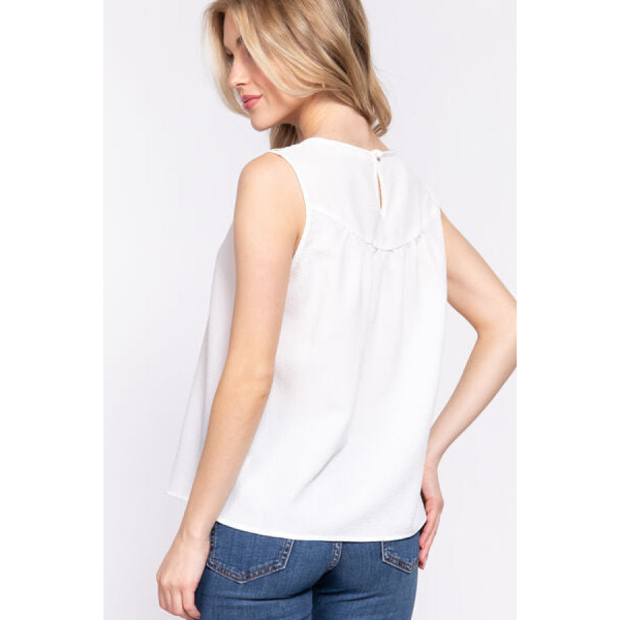 ACTIVE BASIC Round Neck Lace Patch Texture Tank White / S Apparel and Accessories