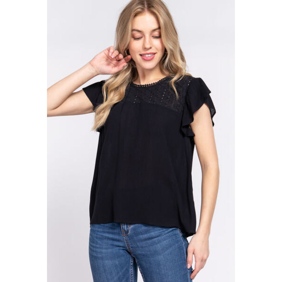 ACTIVE BASIC Ruffle Short Sleeve Crochet Blouse Black / S Apparel and Accessories