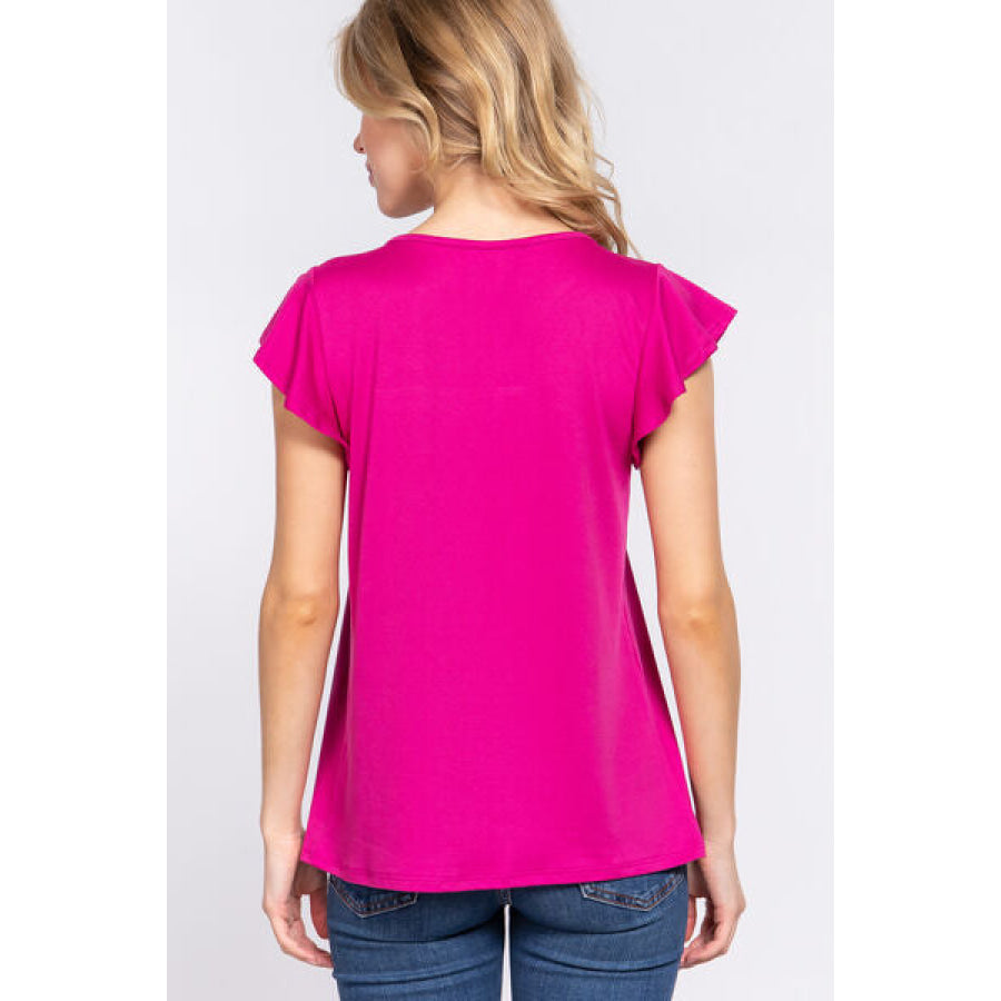 ACTIVE BASIC Ruffle Short Sleeve Lace Detail Knit Top MAGENTA / S Apparel and Accessories