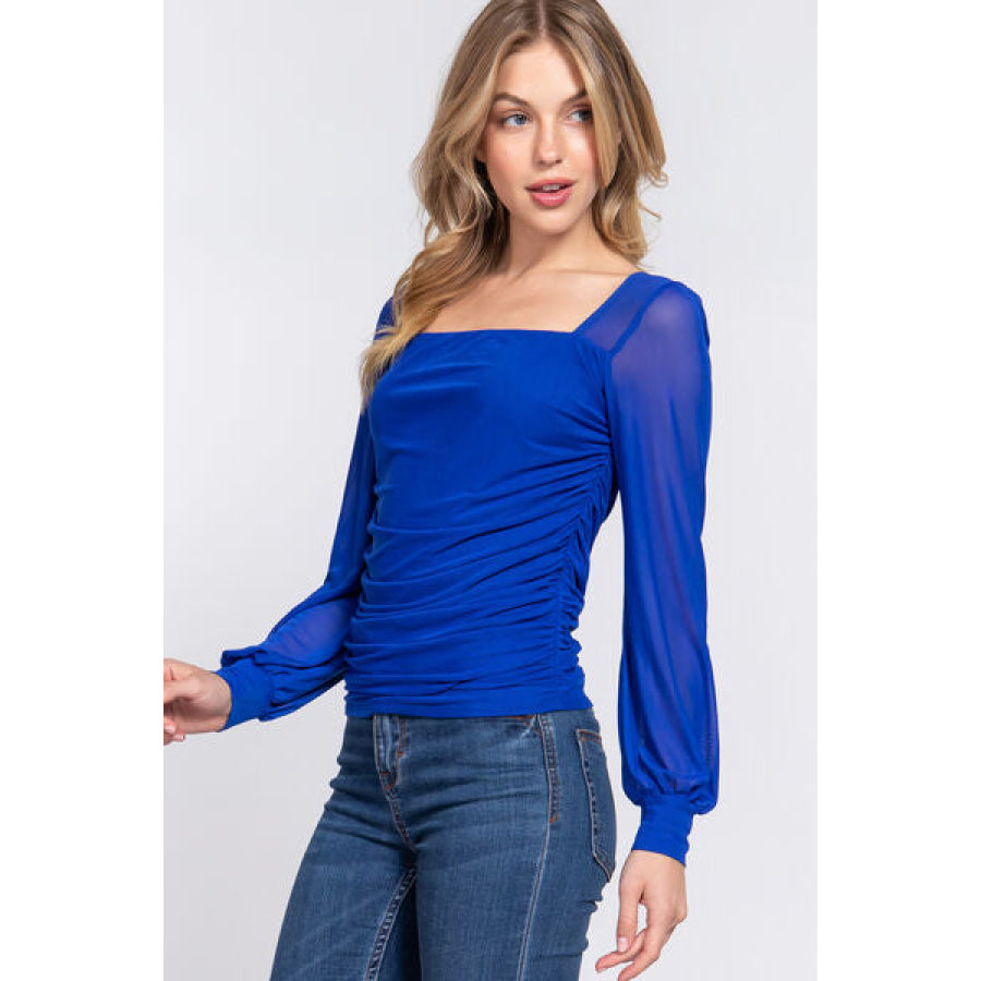 ACTIVE BASIC Square Neck Mesh Long Sleeve Shirring Top Royal Blue / S Apparel and Accessories