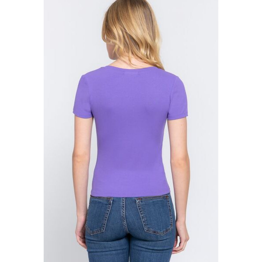 ACTIVE BASIC V - Neck Ribbed Short Sleeve Knit T - Shirt PURPLE / S Apparel and Accessories