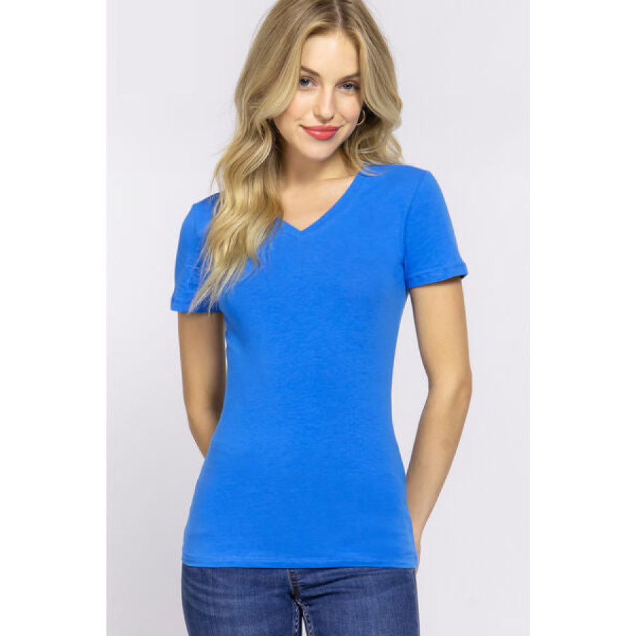 ACTIVE BASIC V - Neck Short Sleeve T - Shirt DEEP BLUE / S Apparel and Accessories