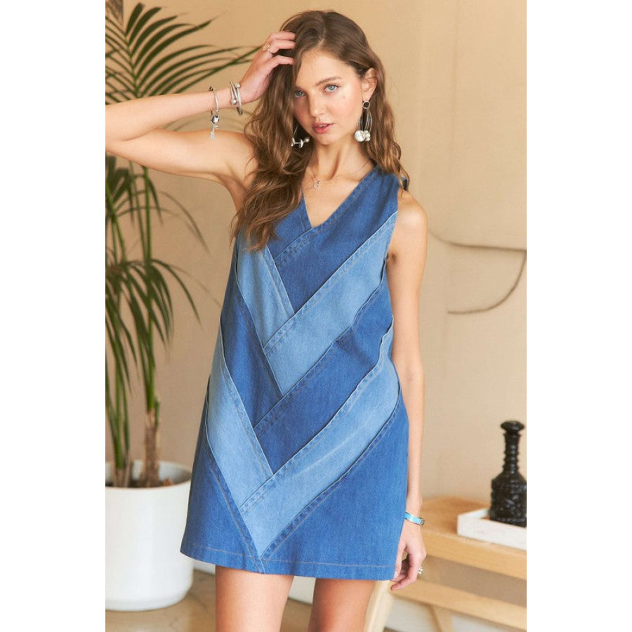 ADORA Chevron Color Block V-Neck Denim Dress Apparel and Accessories