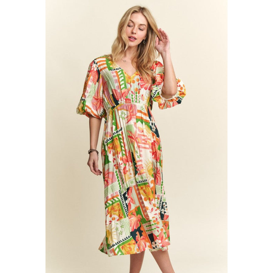 ADORA Floral V-Neck Puff Sleeve Midi Dress Apparel and Accessories