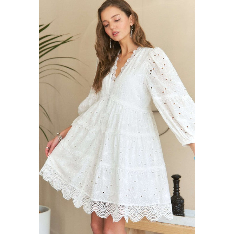 ADORA Lace Detail Tiered Eyelet V-Neck Babydoll Dress Apparel and Accessories