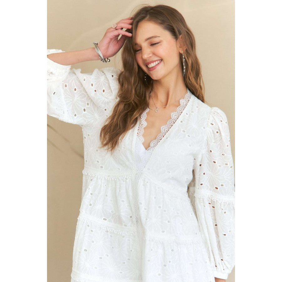 ADORA Lace Detail Tiered Eyelet V-Neck Babydoll Dress Apparel and Accessories