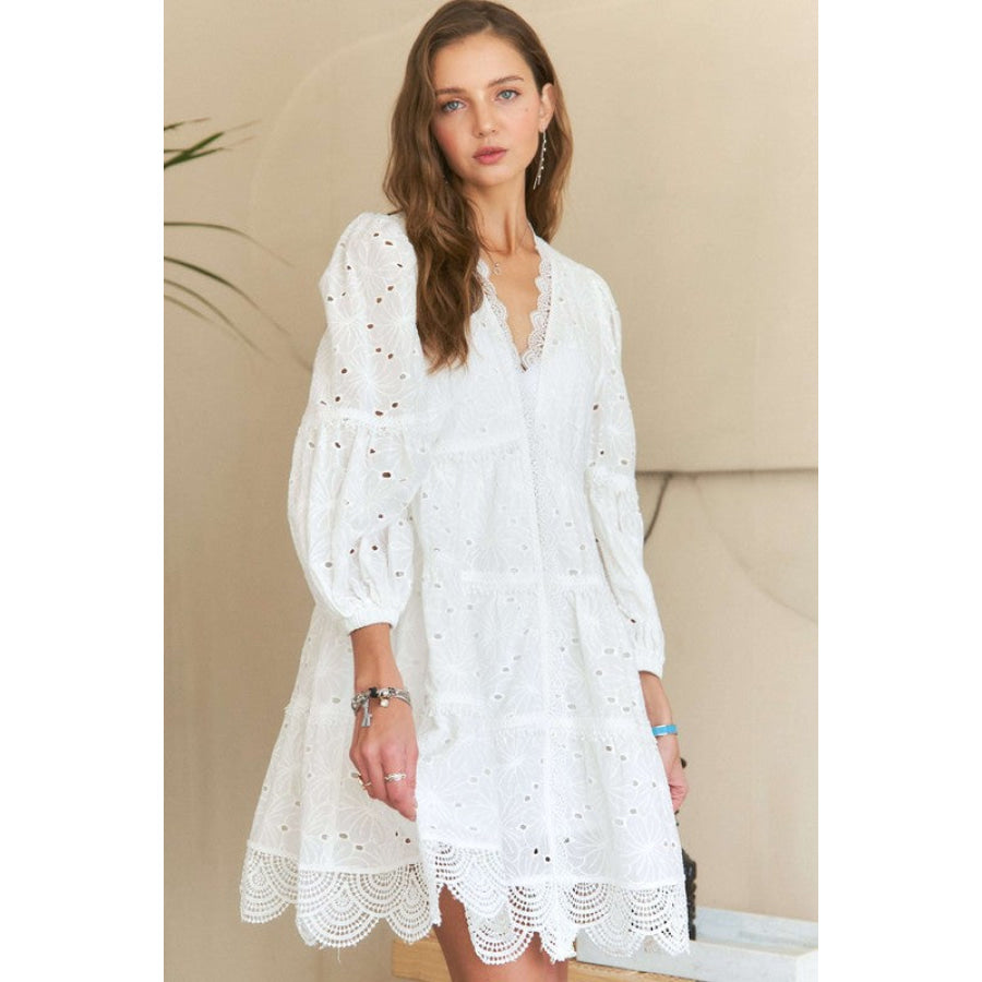 ADORA Lace Detail Tiered Eyelet V-Neck Babydoll Dress Apparel and Accessories