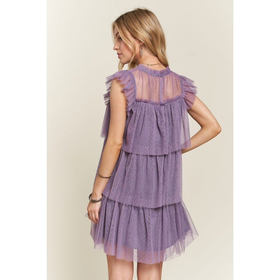 ADORA Layered Ruffled Cap Sleeve Mesh Dress Apparel and Accessories