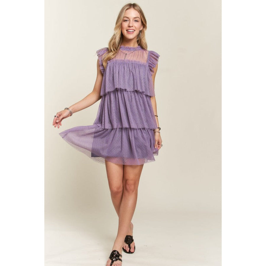 ADORA Layered Ruffled Cap Sleeve Mesh Dress Apparel and Accessories