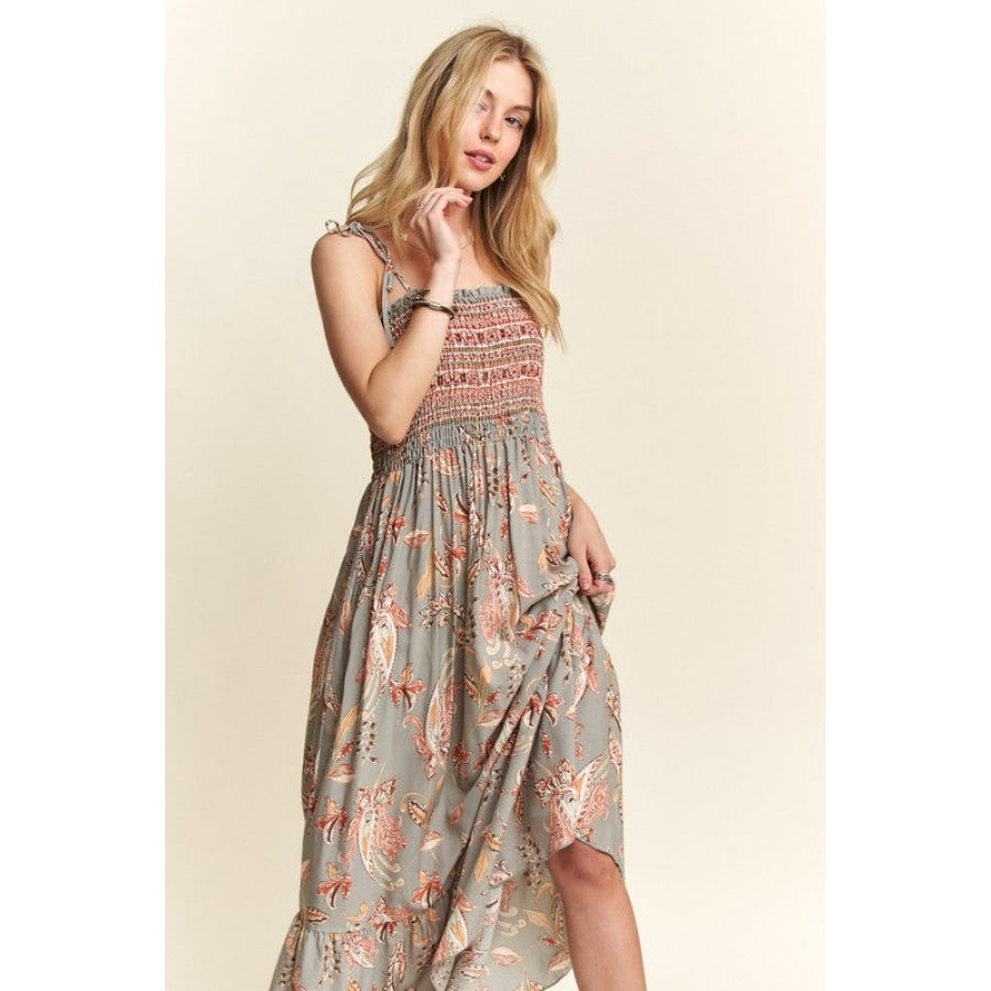 ADORA Smocked Printed Square Neck Tie Shoulder Cami Dress Apparel and Accessories
