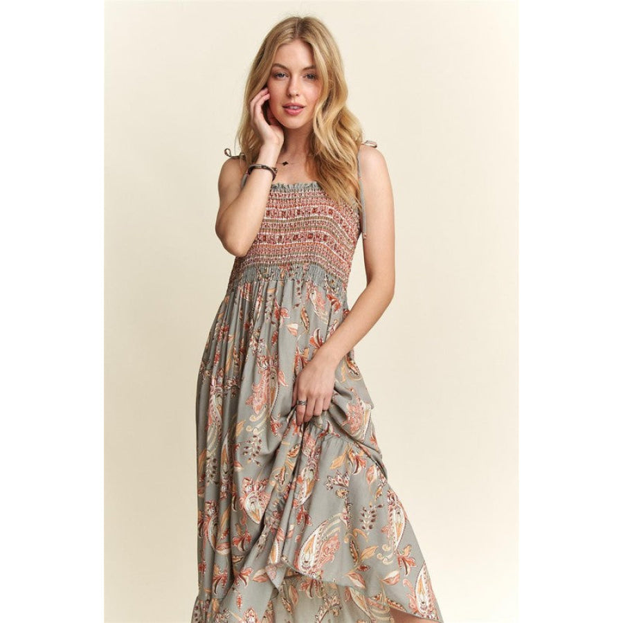 ADORA Smocked Printed Square Neck Tie Shoulder Cami Dress Apparel and Accessories