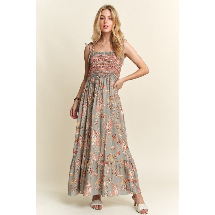 ADORA Smocked Printed Square Neck Tie Shoulder Cami Dress Apparel and Accessories