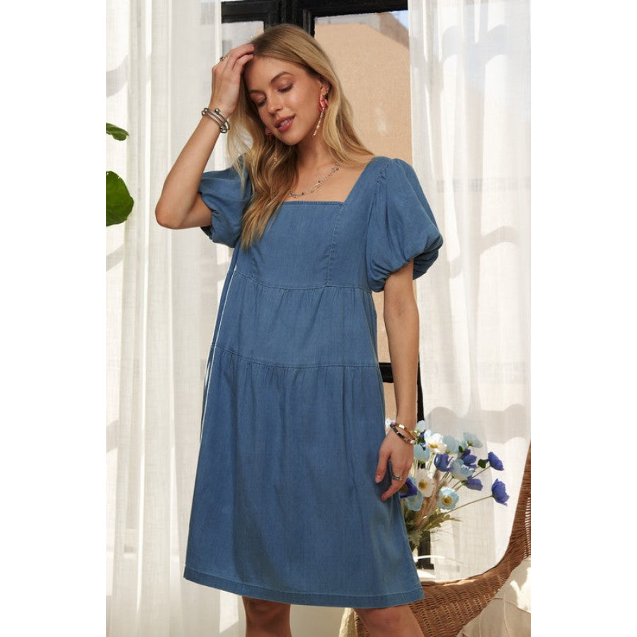 ADORA Square Neck Puff Sleeve Denim Dress Apparel and Accessories