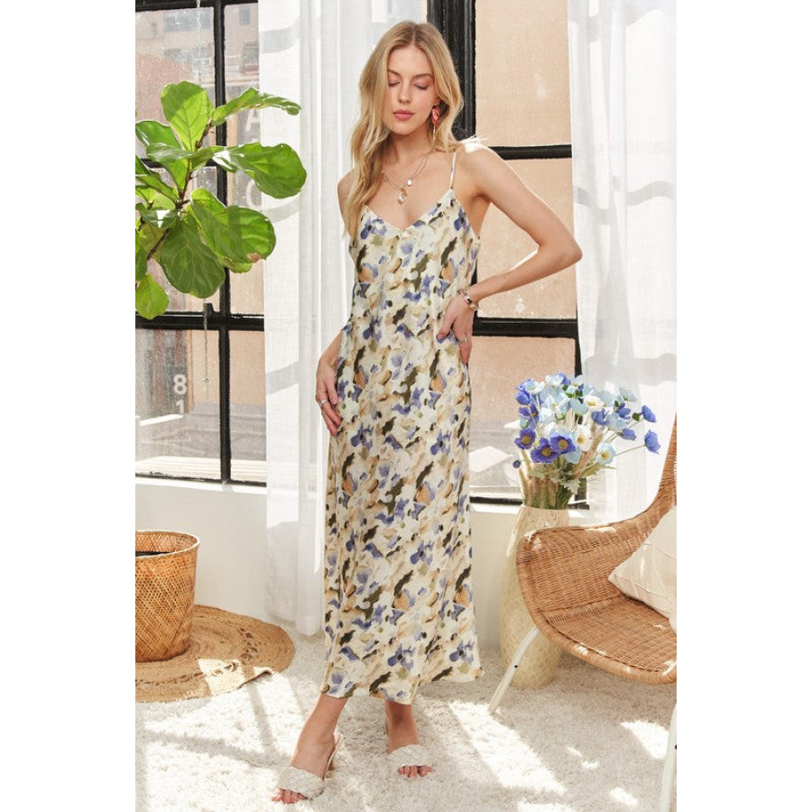 ADORA Watercolor V-Neck Midi Cami Dress Apparel and Accessories